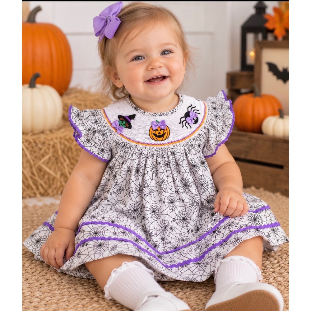 Lil Cactus Halloween Smocked Spider Web Dress 6-12M Pumpkin Witch Boutique